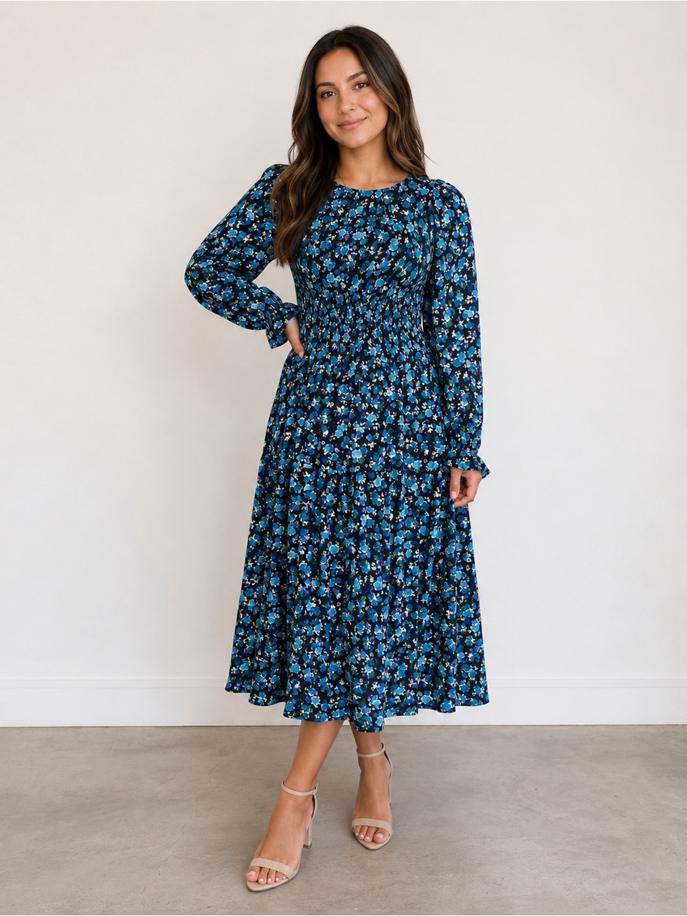 Zara Navy Blue Floral Smocked Midi Dress